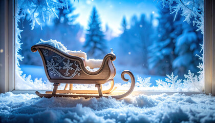 Miniature sleigh sits delicately pristine snow, gazing through window adorned with intricate frost patterns, revealing magical winter landscape. Tranquil scene evokes cozy, enchanting holiday