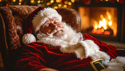 Peaceful Santa Claus sleeps soundly cozy armchair beside warm, glowing fireplace, surrounded by festive Christmas decorations. tranquil scene captures relaxed spirit of holiday season