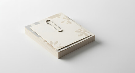 Stacked Floral Paper with Silver Clip Minimalist Composition and Soft Lighting