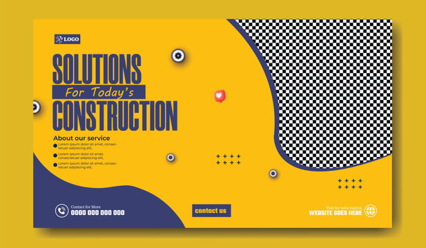 Modern Construction Solutions Template with Yellow and Blue Accents for Advertising