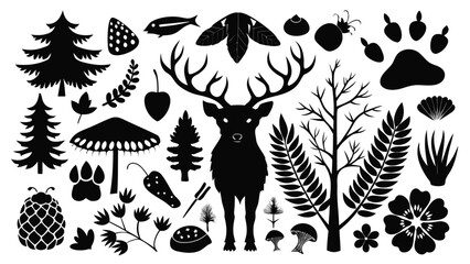 Black and white nature silhouettes featuring a deer various trees leaves and flora elements ideal for design