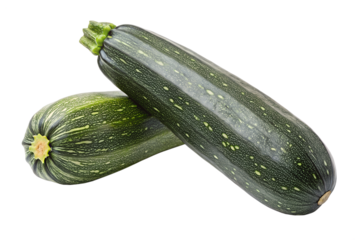 Two fresh green zucchinis lie isolated on a transparent background, ready for use as a versatile png image.