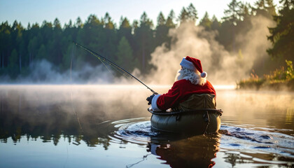 Santa Claus enjoys serene morning fishing tranquil lake. Peaceful mist blankets water, beautiful forest reflecting calm surface. This unique holiday scene conveys deep contentment and quiet