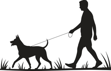 Man walking dog silhouette. Pet, leash, outdoor, activity vector illustration