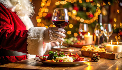 Santa Claus raises glass of red wine, celebrating cheerful Christmas. festive holiday dinner, complete with delicious food, glowing candles, and warm sparkling lights, creates joyful atmosphere
