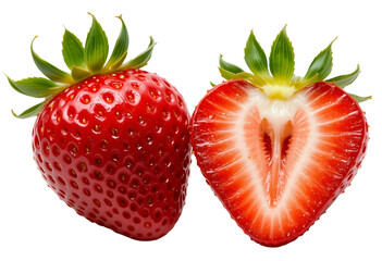 Whole and Half Strawberries with Green Leaves &ndash; Transparent Background PNG