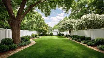Peaceful backyard garden in a Chesapeake neighborhood, perfect suburban scene with trees and a white fence