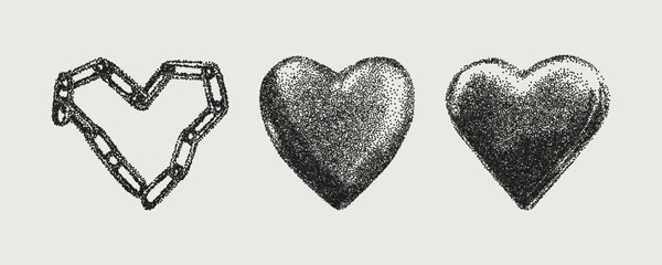 Stippling halftone collage set with hearts elements. Grungy punk aesthetic perfect for zines, posters, DIY flyers, tattoo, graphics, album art