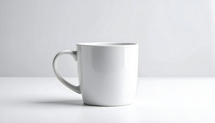 Fototapeta premium A simple white ceramic coffee mug isolated on a clean, bright white studio background.
