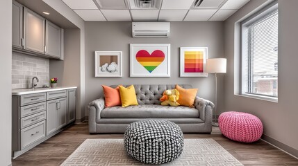 Pediatricians office decorated with colorful art, toys, and a cheerful atmosphere