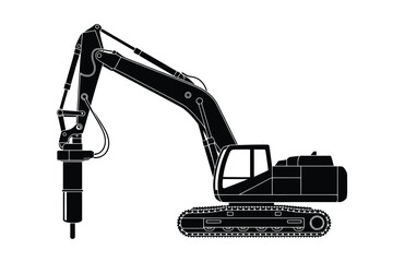 Black Excavator with Jackhammer Attachment Silhouette on White Background