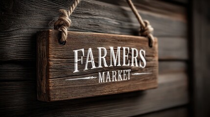 Rustic wooden sign with 'Farmers Market' text hanging outside a barn during the day