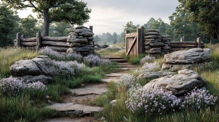 Rustic garden scene with wildflowers growing freely among old wooden fences and natural stone walls