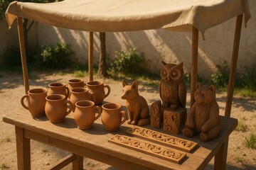 Handcrafted wooden mugs and animal carvings on display at an outdoor artisan market under natural light.

