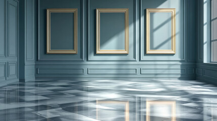 3 empty frames, hanging on the wall ,A wall light modern gallery. 3d illustration.