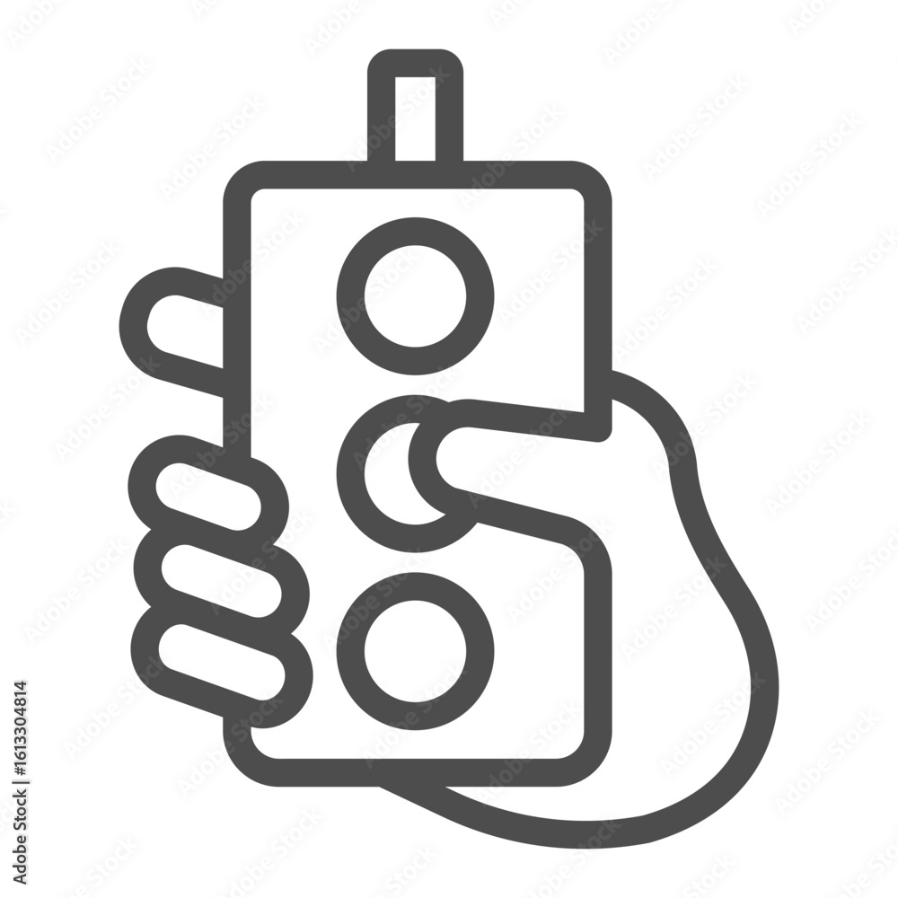 Poster wired remote with buttons in hand line icon, manufacturing concept, factory control process sign on 