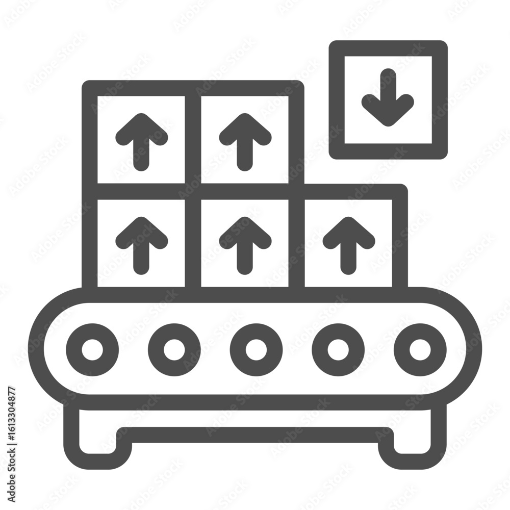 Poster sorting conveyor with boxes marked with arrow line icon, manufacturing process concept, packaging si
