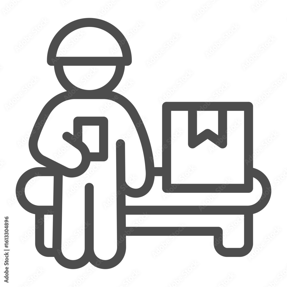 Poster man, worker at assembly line with box of goods line icon, manufacture job concept, engineer sign on 