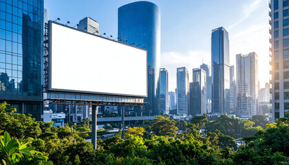 Modern city skyline with blank billboard in urban greenery, suitable for marketing, advertising, smart city trends or sustainability in urban development