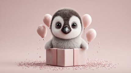 Silly baby penguin popping out of a gift box surrounded by balloons and confetti, perfect for celebrations