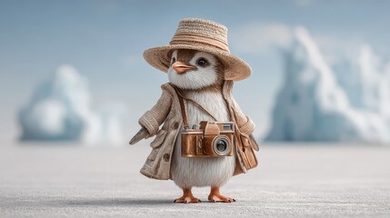 Penguin dressed as a tourist with a camera, fanny pack, and big floppy hat posing with icebergs