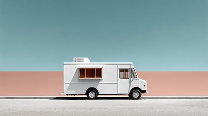 Simple food truck parked at curb with white finish, offering space for creative brand concept overlay