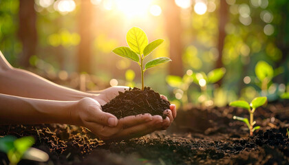 Hands nurturing a young plant in soil with warm sunlight, symbolizing growth, sustainability, environmental conservation and the concept of green future