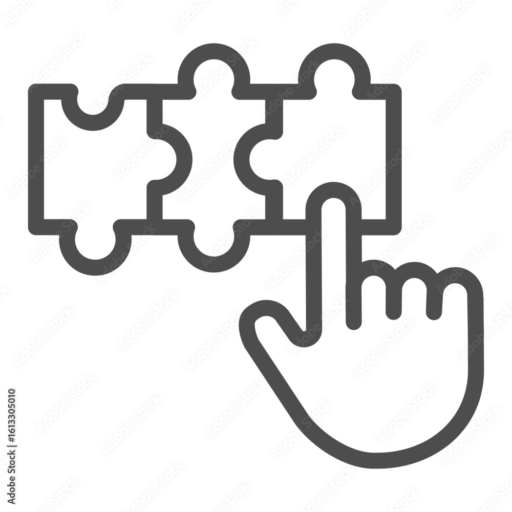 Poster puzzle and hand with index finger line icon, problem solution finding concept, jigsaw game skill sig