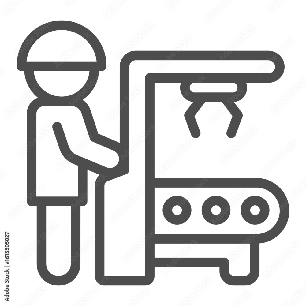 Aufkleber man at conveyor control panel with robotic arm line icon, manufacturing concept, worker, robot claw 