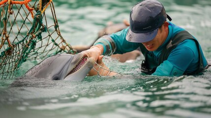 An animal rescue worker untangling a dolphin caught in a fishing net in shallow waters