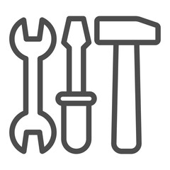 Hammer, screwdriver and wrench line icon, maintenance work concept, handyman tools, repair toolkit sign on white background, outline style icon for mobile and web design. Vector graphics.