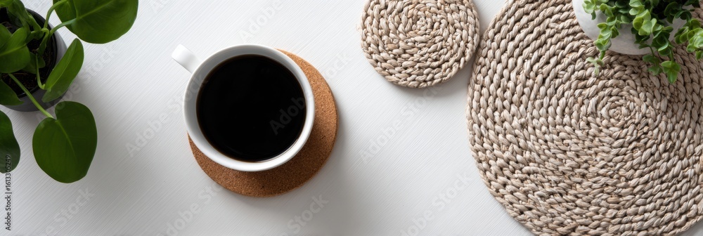 Poster clean coffee table with half-empty mug on coaster and greenery in upper space inviting relaxation an