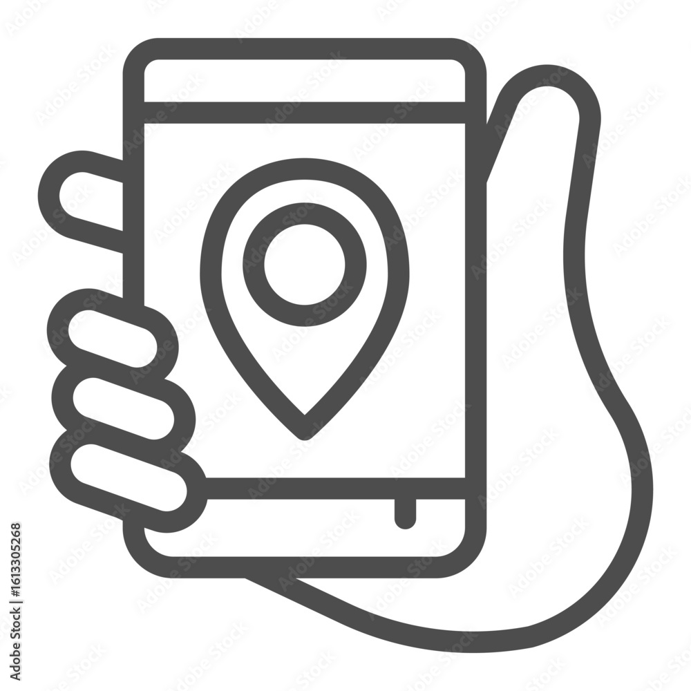 Poster smartphone with location map pin in hand line icon, smart device concept, phone with gps navigation 
