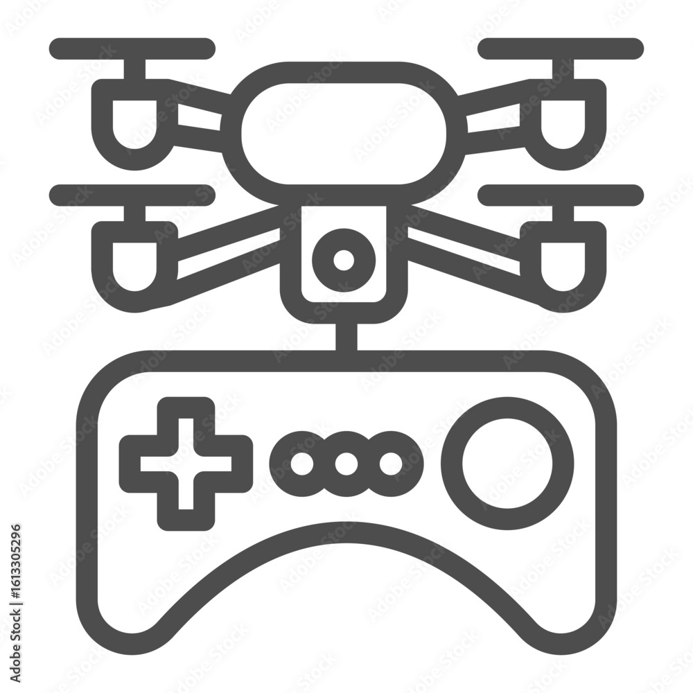 Poster drone copter with control joystick line icon, portable electronics concept, quadcopter and gamepad s