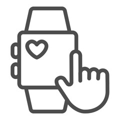 Smart watch and hand with index finger on heart line icon, smart device concept, portable electronic sign on white background, outline style icon for mobile and web design. Vector graphics.