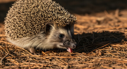 Adorable hedgehog exploring its natural habitat with tongue out, wildlife close-up, sunny day