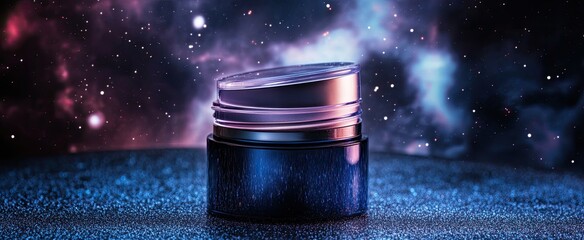 Luxury Cosmetic Jar on Sparkling Blue Surface with Ethereal Starry Nebula Background