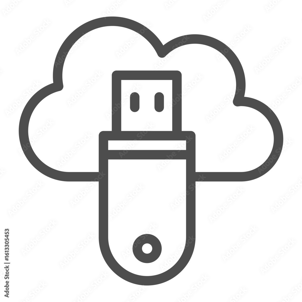 Poster cloud and flash drive line icon, data saving concept, secret physical-digital key for access sign on