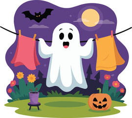 Halloween Ghost with Laundry and Pumpkin Under the Moonlight
