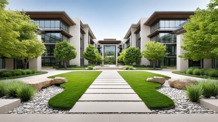 Suburban office complex with landscaped grounds, walkways, and clear sky with room for copy