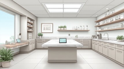 View of an organized doctors office featuring sterile counters, cabinets, and a digital tablet