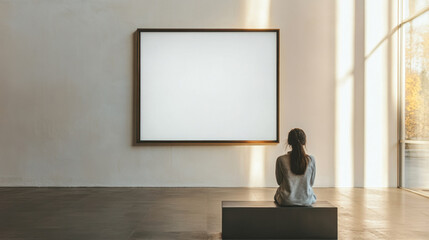 A modern contemporary museum showcasing a empty blank framed poster, and one person looking at it. 3d illustration.