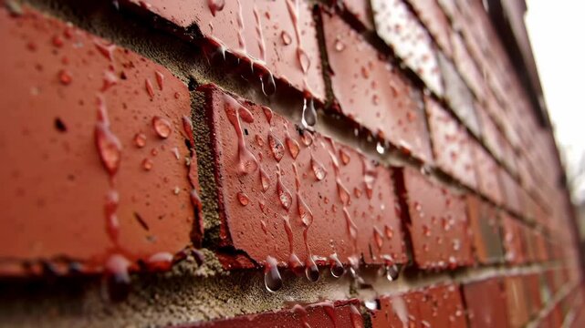 Close-up cinematic brick wall in rain with water drops sliding and falling in slow motion