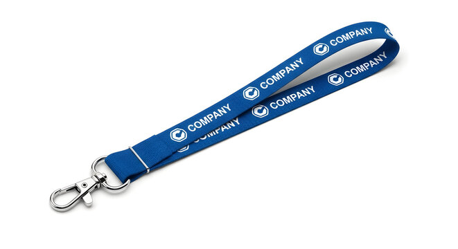 Blue company lanyard with logo, isolated on white background, promotional item