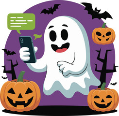 Cartoon Ghost Chatting on Phone with Pumpkins

