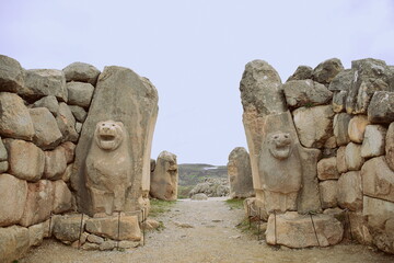 Turkiye,Hattusa,It was the capital of the Hittite Empire in the Late Bronze Age. The first traces of settlement on the site date back to the 6th millennium BC.In the photo,access to the city, sphinx, 
