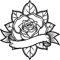 Fototapeta premium Classic rose tattoo design with banner and leaves