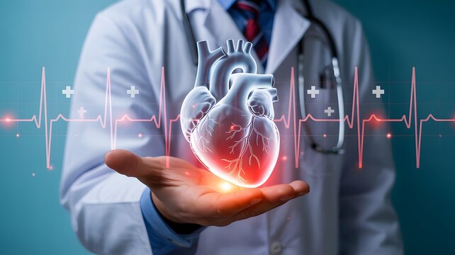 Doctor holding a glowing human heart with a heartbeat line overlay