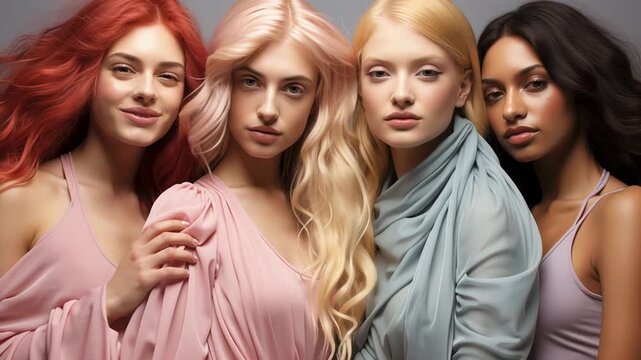 Group of four women with diverse hairstyles and colors, wearing soft pastel clothing, posing together in a serene atmosphere, showcasing beauty and friendship in a harmonious setting