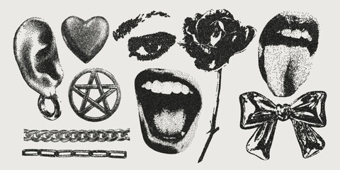 Stippling halftone collage set with retro elements. Grungy punk aesthetic perfect for zines, posters, DIY flyers, tattoo, graphics, album art